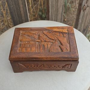 Vintage Hand Carved Wood Jewelry Box Mirror Red Velvet Lined Footed